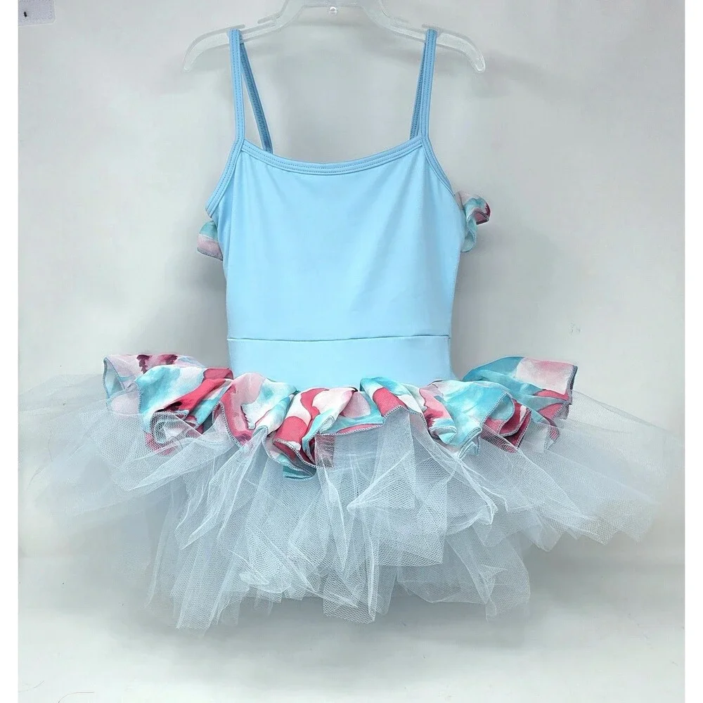 Duck Crossing Girls Ruffle Ballet Tutu Dress 1pc Skirted Leotard Tulle Blue Pink